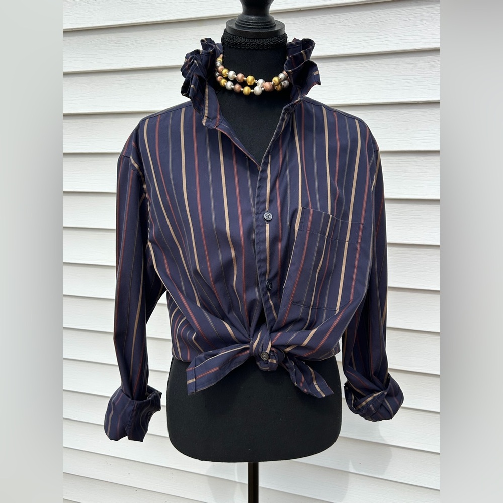 Navy Striped Button-Front Tie Blouse